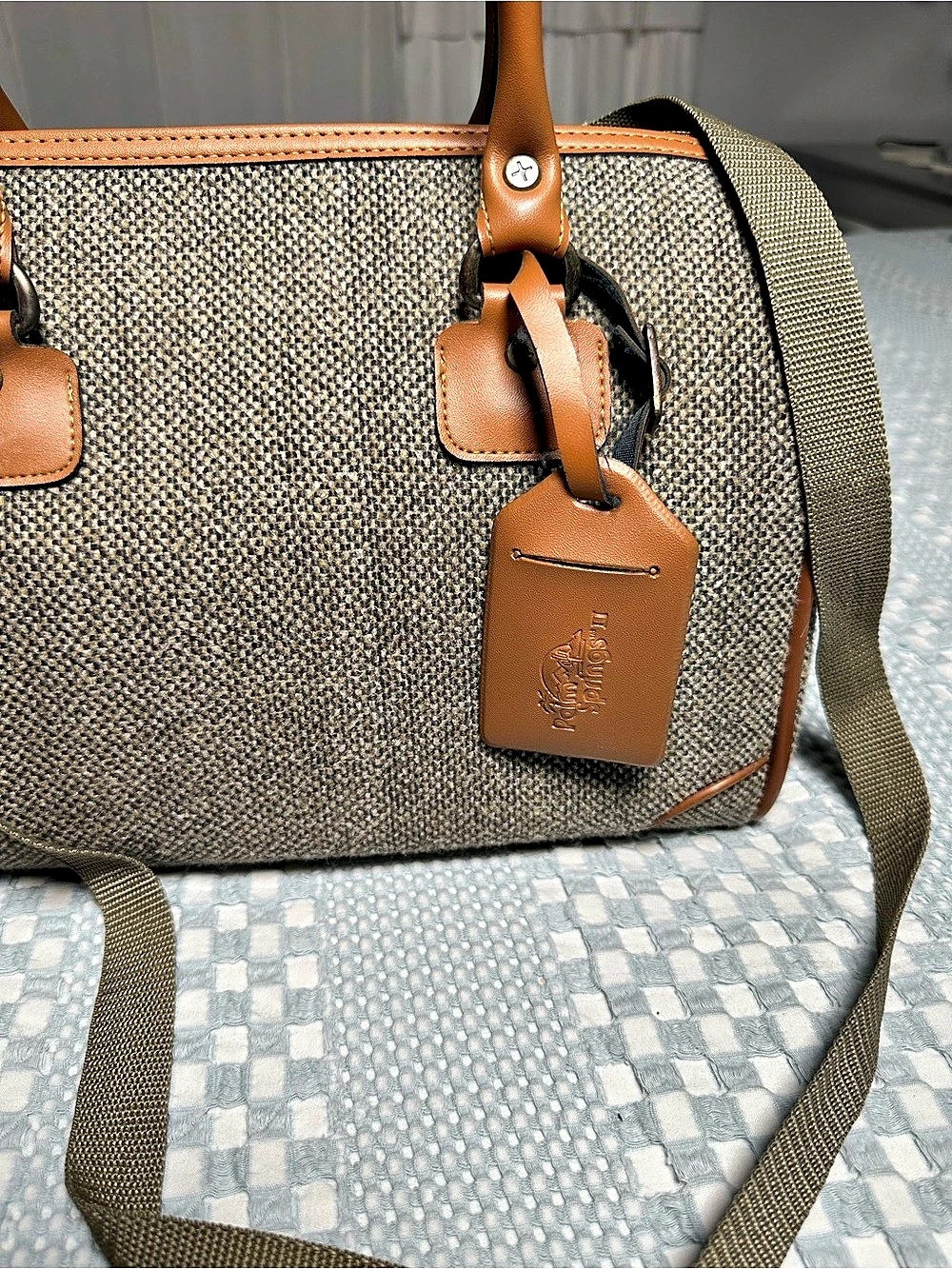 Vintage Palm Springs III Tweed Barrel Satchel Handbag Brown Tan Travel Bag - Picture 9 of 9